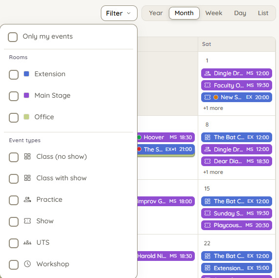 The calendar Filter panel open, listing Only my events, a Rooms section and an Event types section, each with checkboxes