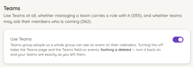 The Teams panel in Settings, with the Use Teams toggle switched on.